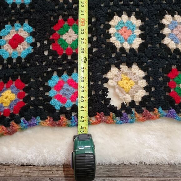 Handmade Black and Floral Afghan Lap Blanket, Approximately 30" x 42" - Picture 5 of 5